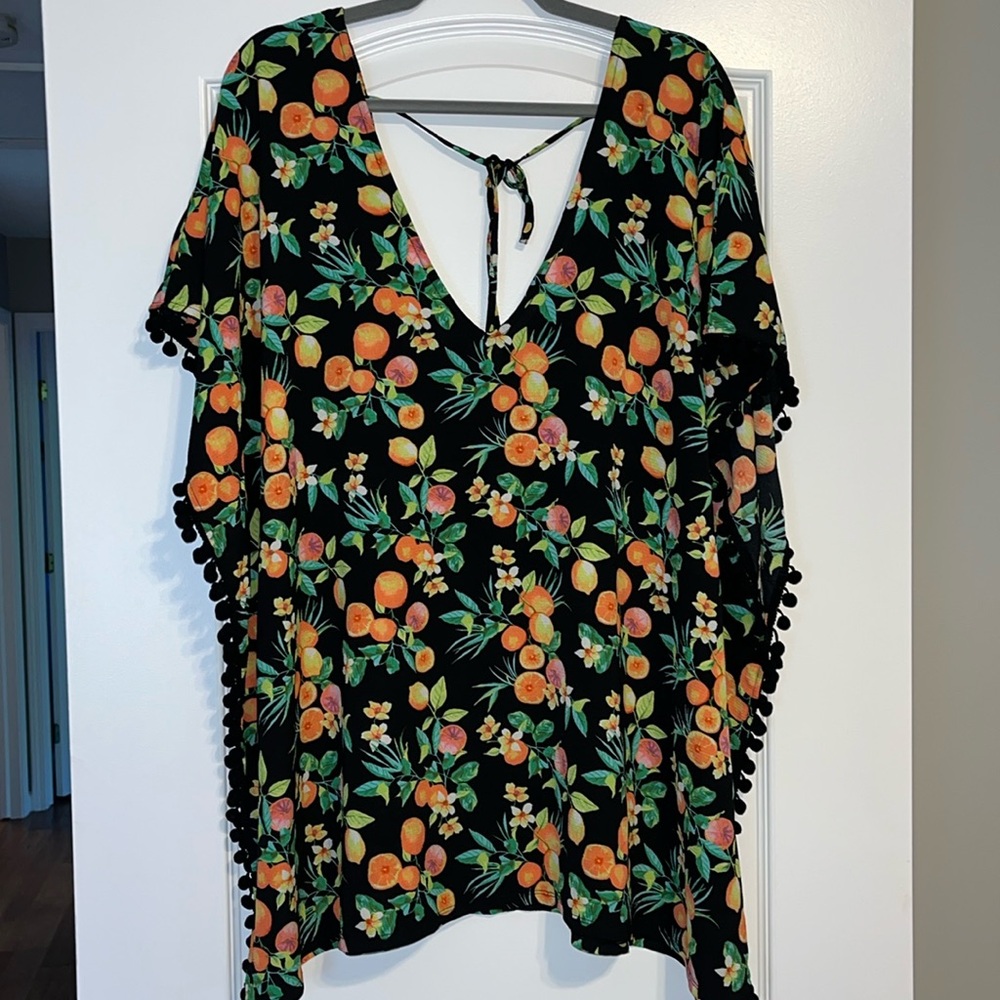 Xhilaration Swimsuit Coverup with Oranges Print and Pom Pom Trim - Size L